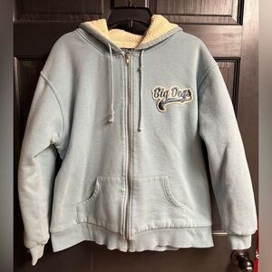 Vintage Big Dogs Hooded Lgt Blue Sweatshirt Sherpa Lined Jacket Women’s Size XL
